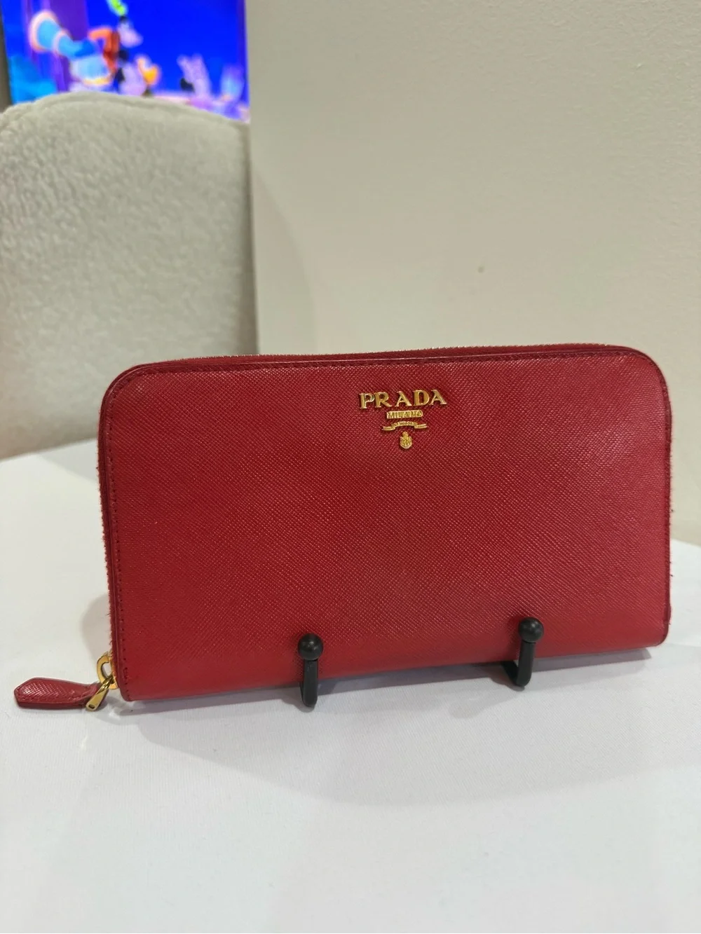 Prada Red Saffiano Zip Card Holder with Gold Logo